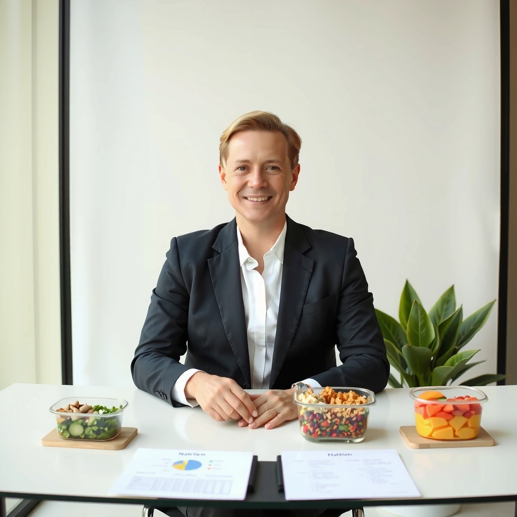 Professional executive in modern office environment focused on nutrition planning